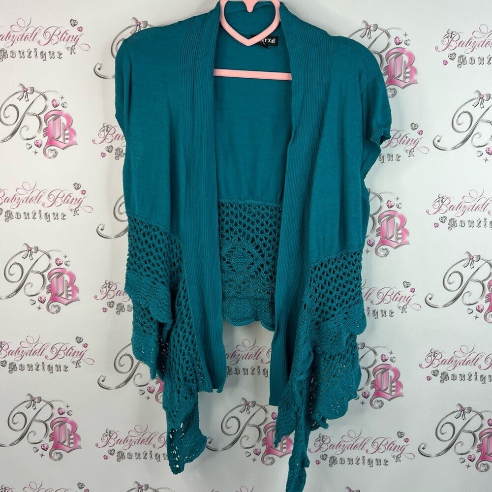 Onyx cardigan tshirt style shrug knit detail teal blue Crochet Women Sweater
